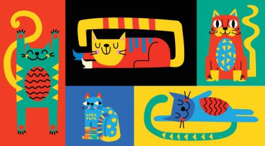 Şirin kedili koleksiyon, renkli karalamalı dekoratif soyut çizimler, geometrik şekiller. Kediler, şekiller ve soyut elementlerle el çizimi modern illüstrasyon