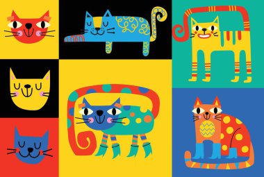 Şirin kedili koleksiyon, renkli karalamalı dekoratif soyut çizimler, geometrik şekiller. Kediler, şekiller ve soyut elementlerle el çizimi modern illüstrasyon