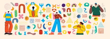 Soyut modern trend vektör çizimleri. Renkli palet. El, çeşitli şekiller, şekiller ve insan siluetleri çizdi. Tüm elementler izole edildi