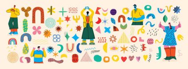 Soyut modern trend vektör çizimleri. Renkli palet. El, çeşitli şekiller, şekiller ve insan siluetleri çizdi. Tüm elementler izole edildi