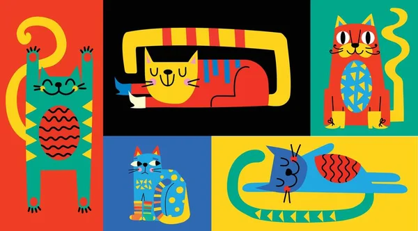 Şirin kedili koleksiyon, renkli karalamalı dekoratif soyut çizimler, geometrik şekiller. Kediler, şekiller ve soyut elementlerle el çizimi modern illüstrasyon