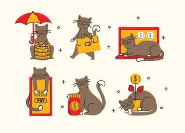 Paralı kediler ve bankacılık ile ilgili nesneler, zenginlik, banka, sermaye ve elementlerin sembolü. Beyaz arkaplanda el çizimi çizimi resimleme koleksiyonu izole edildi.