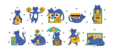 Paralı kediler ve bankacılık ile ilgili nesneler, zenginlik, banka, sermaye ve elementlerin sembolü. Beyaz arkaplanda el çizimi çizimi resimleme koleksiyonu izole edildi.