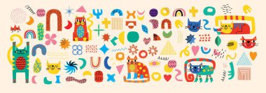 Şirin kedili koleksiyon, renkli karalamalı dekoratif soyut çizimler, geometrik şekiller. Kediler, şekiller ve soyut elementlerle el çizimi modern illüstrasyon