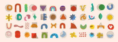 Asgari tarz tasarımı için acımasız şekiller. Moda geometrik postmodern ilkel figürlerin yaratıcısı. Acımasız çağdaş yıldız, oval, çiçek, çizgi ve formların vektör çizimi