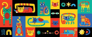 Şirin kedili koleksiyon, renkli karalamalı dekoratif soyut çizimler, geometrik şekiller. Kediler, şekiller ve soyut elementlerle el çizimi modern illüstrasyon