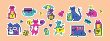 Paralı kediler komik moda çıkartmaları. Bankayla ilgili nesneler, zenginliğin sembolü, banka, sermaye ve unsurlar. El çizimi retro doodle illüstrasyon koleksiyonu arkaplanda izole.