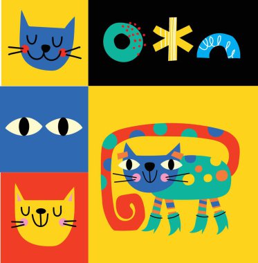 Şirin kedili koleksiyon, renkli karalamalı dekoratif soyut çizimler, geometrik şekiller. Kediler, şekiller ve soyut elementlerle el çizimi modern illüstrasyon