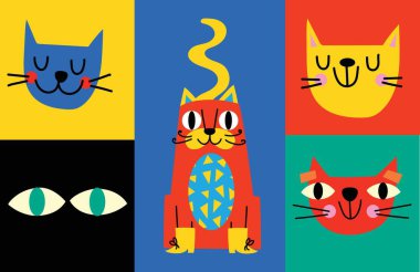 Şirin kedili koleksiyon, renkli karalamalı dekoratif soyut çizimler, geometrik şekiller. Kediler, şekiller ve soyut elementlerle el çizimi modern illüstrasyon