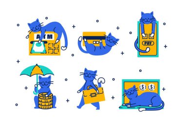 Paralı kediler ve bankacılık ile ilgili nesneler, zenginlik, banka, sermaye ve elementlerin sembolü. Beyaz arkaplanda el çizimi çizimi resimleme koleksiyonu izole edildi.