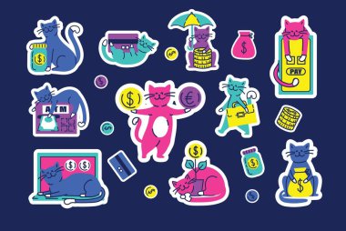 Paralı kediler komik moda çıkartmaları. Bankayla ilgili nesneler, zenginliğin sembolü, banka, sermaye ve unsurlar. El çizimi retro doodle illüstrasyon koleksiyonu arkaplanda izole.