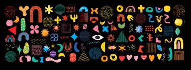 Asgari Moda Biçiminde Soyut Grafik Elementleri. El çizimi karalama noktaları, düşüşler, eğriler, desenler oluşturmak için çizgiler, davetiyeler, posterler, kartlar, sosyal medya iletileri ve hikayeler