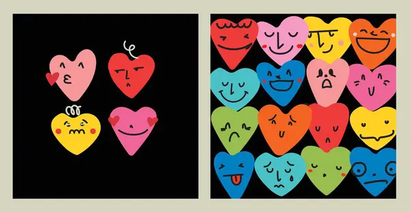 Groovy Härliga Roliga Ansikten Klistermärken Kort Kärlekskoncept Glad Alla Hjärtans Vektorgrafik