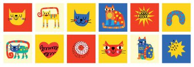 Asgari Moda Biçiminde Soyut Grafik Elementleri. El çizimi kediler, benekler, düşüşler, kıvrımlar, desenler yaratmak için çizgiler, davetiyeler, posterler, kartlar, sosyal medya paylaşımları ve hikayeler