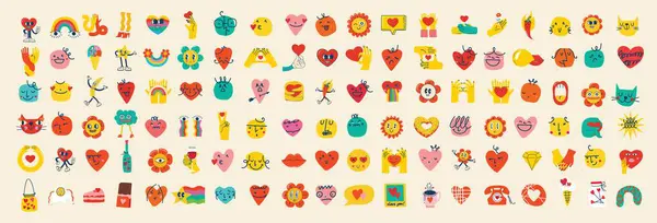 Groovy Hippie Älskar Klistermärken Comic Glada Ansikten Hjärtan Och Blommor Royaltyfria illustrationer