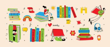 Dünya Kitap Günü grafikleri - kitap haftası etkinlikleri. Modern düz vektör konsepti insanları okuma, genç adam gökyüzünde uçan kitap okuma modası modaya uygun retro tarzı