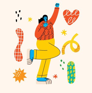 Elleriyle el hareketi yapan mutlu olumlu kadın başarı, sevgi, destek, dayanışma, tamam ifadeler. Düz grafik vektör çizimi arkaplanda izole edildi