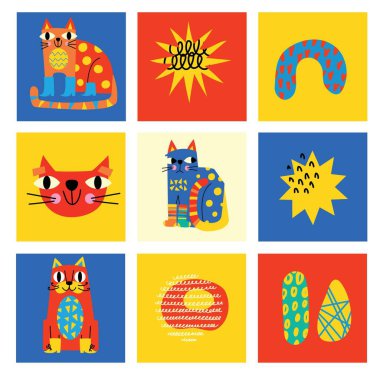 Asgari Moda Biçiminde Soyut Grafik Elementleri. El çizimi kediler, benekler, düşüşler, kıvrımlar, desenler yaratmak için çizgiler, davetiyeler, posterler, kartlar, sosyal medya paylaşımları ve hikayeler