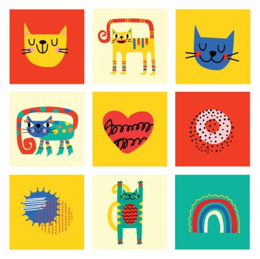 Asgari Moda Biçiminde Soyut Grafik Elementleri. El çizimi kediler, benekler, düşüşler, kıvrımlar, desenler yaratmak için çizgiler, davetiyeler, posterler, kartlar, sosyal medya paylaşımları ve hikayeler