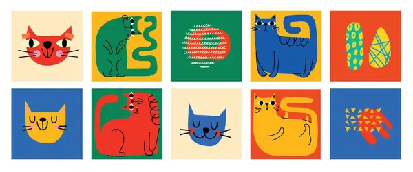 최소한의 트렌디 스타일로 설정된 그래픽 손으로 고양이 패턴을 만들기위한 초대장 로열티 프리 스톡 벡터