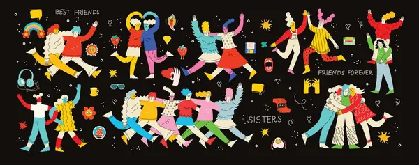 Glada Kvinnor Eller Flickor Tillsammans Och Håller Varandra Handen Kvinnliga Stockillustration