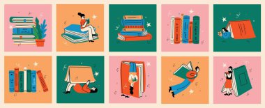 Kitap kavramları ayarlandı. Mutlu okuyucular kitap okuyor, uçuyor, yatıyor, her yerde oturuyor. Beyaz arkaplanda izole edilmiş düz trend retro vektör çizimleri