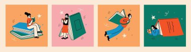 Kitap kavramları ayarlandı. Mutlu okuyucular kitap okuyor, uçuyor, yatıyor, her yerde oturuyor. Beyaz arkaplanda izole edilmiş düz trend retro vektör çizimleri