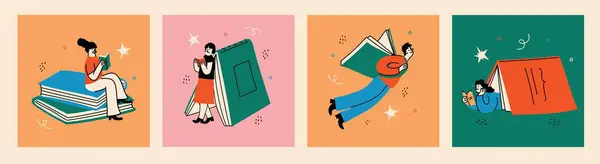 图书概念设置 快乐的读者阅读书籍 到处飞 在白色背景上孤立的平面趋势复古矢量插图 — 图库矢量图片