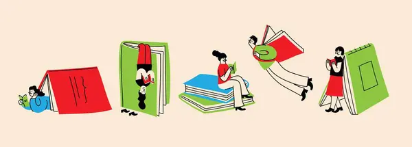 Koncepcje Książki Gotowe Szczęśliwi Czytelnicy Czytający Książki Latający Leżący Siedzący Wektor Stockowy
