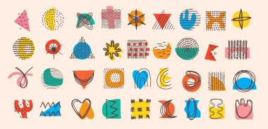 Asgari Moda Tarzı ile Soyut Grafik Elementleri. El çizimi şekiller, noktalar, eğriler, kalıplar oluşturmak için çizgiler, davetiyeler, posterler, kartlar, sosyal medya paylaşımları ve hikayeler