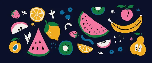 Geometric Summer Fresh Fruit Cut Artwork Poster Dengan Warna Warni - Stok Vektor