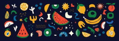 Sağlıklı organik vejetaryen yemeği. Beslenme yemekleri pişirmek. Vejetaryen kafe. Düz geometrik tarzda simgeler. Soyut tabelalar, sebzeler, meyveler, salatalar vektör illüstrasyonu.