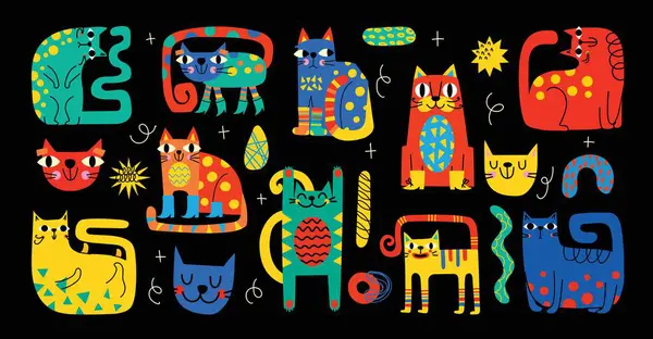 抽象的な猫とグラフィックエレメントは ミニマルトレンドスタイルに設定されています 手描きの落書き猫 スポット ドロップ カーブ パターンを作成するための行 招待状 ポスター カード ロイヤリティフリーストックベクター