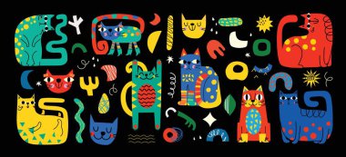 Soyut Kedi ve Grafik Elementleri Asgari Moda Tarzı ile Ayarlandı. El çizimi kediler, benekler, düşüşler, kıvrımlar, desenler yaratmak için çizgiler, davetiyeler, posterler, kartlar, sosyal medya paylaşımları ve hikayeler