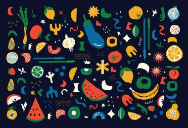 Sağlıklı organik vejetaryen yemeği. Beslenme yemekleri pişirmek. Vejetaryen kafe. Düz geometrik tarzda simgeler. Soyut tabelalar, sebzeler, meyveler, salatalar vektör illüstrasyonu.