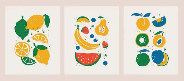 Abstract Floral Posters Set Lemon Fruits Leaves Groovy Moda Elementos —  Vetores de Stock