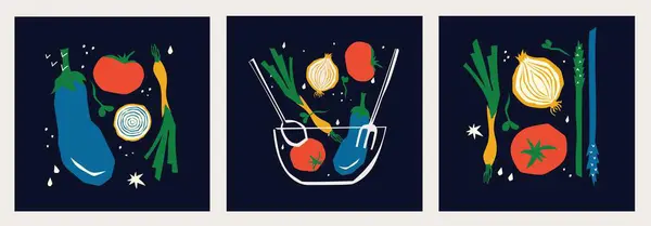Poster Floreali Astratti Con Verdure Frutta Foglie Trendy Groovy Elementi — Vettoriale Stock