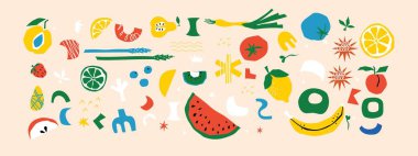 Fruits and Leaves ile süslenmiş soyut çiçek posterleri. Moda Dışı Soyut kağıt, sosyal medya, kartpostal ve baskı için öğe, meyve ve böğürtlen kesti.