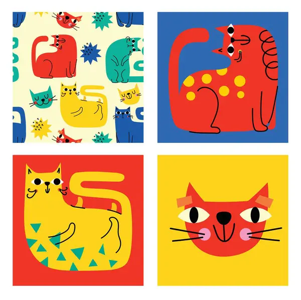 抽象图形元素设置为最小趋势风格 手绘涂鸦猫 图案线条 邀请函 社交媒体贴文和故事 免版税图库插图