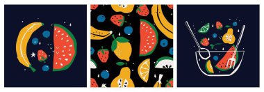 Düz stil organik gıda afişi. Meyveler ve tahıl gevrekleri geometri minimalistiği, basit şekil ve figürle. Broşür, web posteri, doğal ürünler sunum şablonları, kapak tasarımı için harika. Vektör .