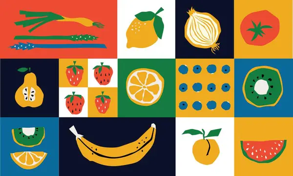 フラットスタイルの有機食品バナー 果物やシリアル形状は 単純な形状と図を最小限に抑えます チラシ Webポスター 天然物プレゼンテーションテンプレート カバーデザインのための素晴らしい ベクトル ロイヤリティフリーストックベクター