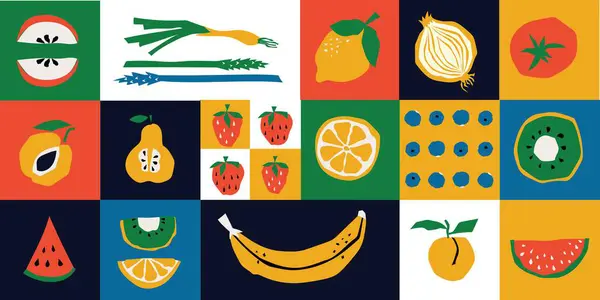 Banner Comida Ecológica Estilo Plano Geometría Frutas Cereales Minimalista Con Ilustraciones de stock libres de derechos