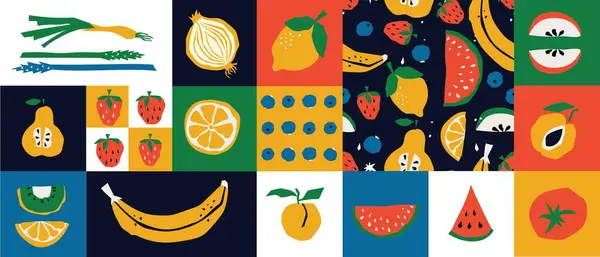 フラットスタイルの有機食品バナー 果物やシリアル形状は 単純な形状と図を最小限に抑えます チラシ Webポスター 天然物プレゼンテーションテンプレート カバーデザインのための素晴らしい ベクトル ロイヤリティフリーストックベクター