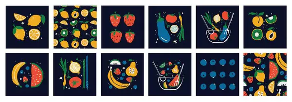 Banner Mit Bio Lebensmitteln Flachen Stil Obst Und Getreide Geometrie lizenzfreie Stockillustrationen