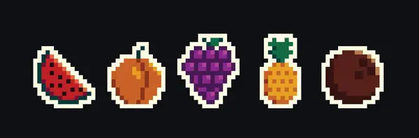 Retro Pixel Makanan Seni Ikon Terisolasi Dengan 8Bit Buah Buahan - Stok Vektor
