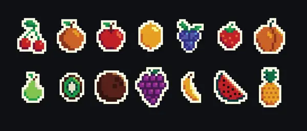 Retro Pixel Kunst Voedsel Geïsoleerde Pictogrammen Met 8Bit Pixel Fruit Vectorbeelden