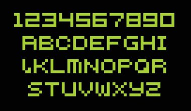 Piksel oyun yazı tipi. Arcade 8 bit alfabe sembolleri, retro konsol metin elemanları, 80 'lerin tip harfleri. Vektör bilgisayar ve video oyunu çizgi roman harfi seti. Oyun alfabesi pikselinin gösterimi