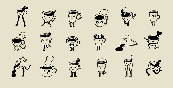Conjunto Carteles Retro Doodle Divertidos Personajes Ilustración Vectorial Bebida Vintage Vectores De Stock Sin Royalties Gratis