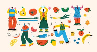 Sağlıklı Yiyecekleri olan Erkek ve Kadın Karakterler. Meyve ve sebzeli insanlar Enerji ve Sağlık Kaynağı, vejetaryen diyeti beyaz arka planda izole edilmiş. Çizgi Film İnsanları Çizimi