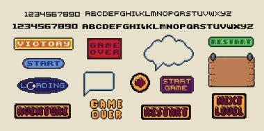 Piksel sanat çerçeveleri. Retro 8 bit düğmeler, oklar, konuşma balonu mesajları ve alıntı çerçevesi. Piksel oyun çerçevesinin UI vektör şablon seti, 8 bit ileti illüstrasyon seti